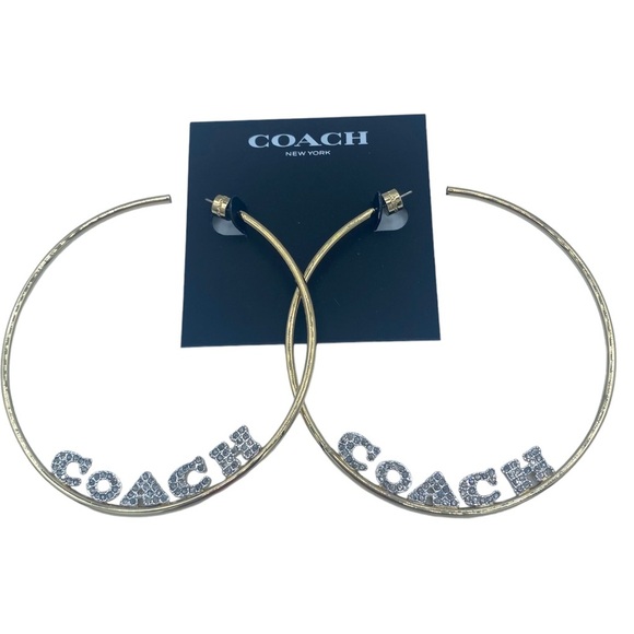 NWT Coach massive huge gold tone Signature Logo Hoop Earrings with rhinestones - Picture 11 of 13